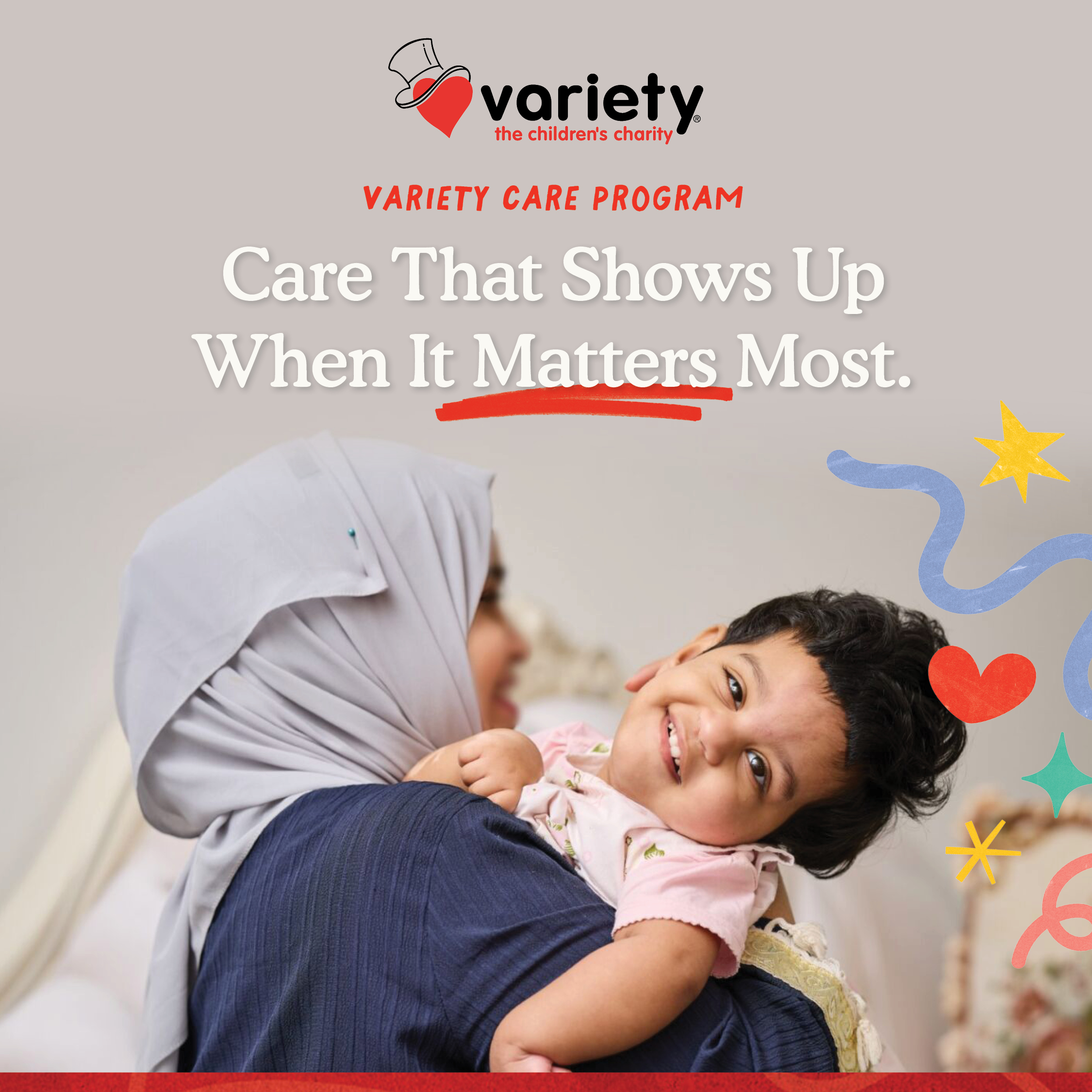 Variety social image, Variety Care program - Care that shows up when it matters most featuring grant child in her mums arms.
