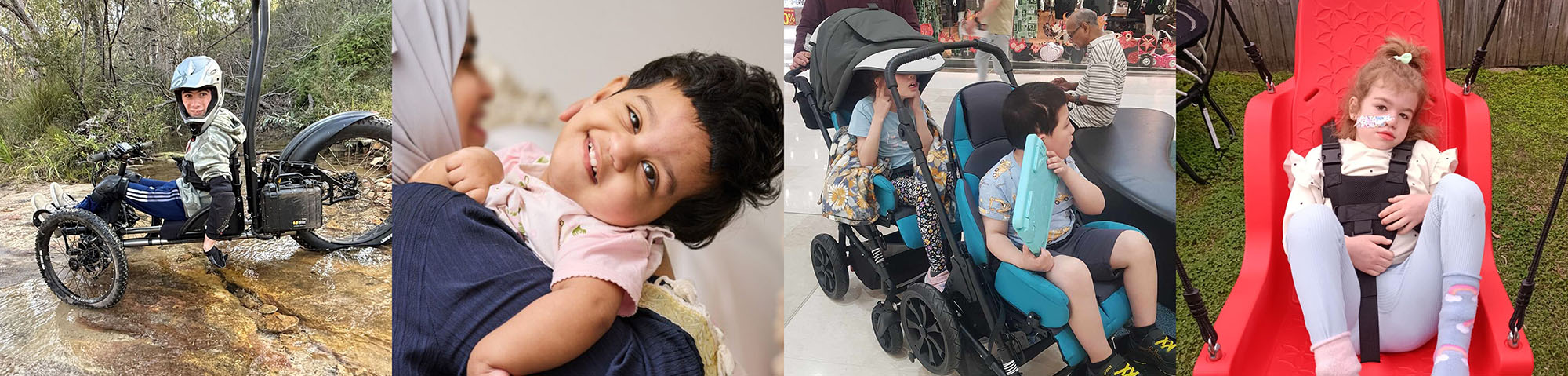 Collage of variety grant recipents. Riding specialised bike, huda being held by her mum, disablity stroller and specialised swing.